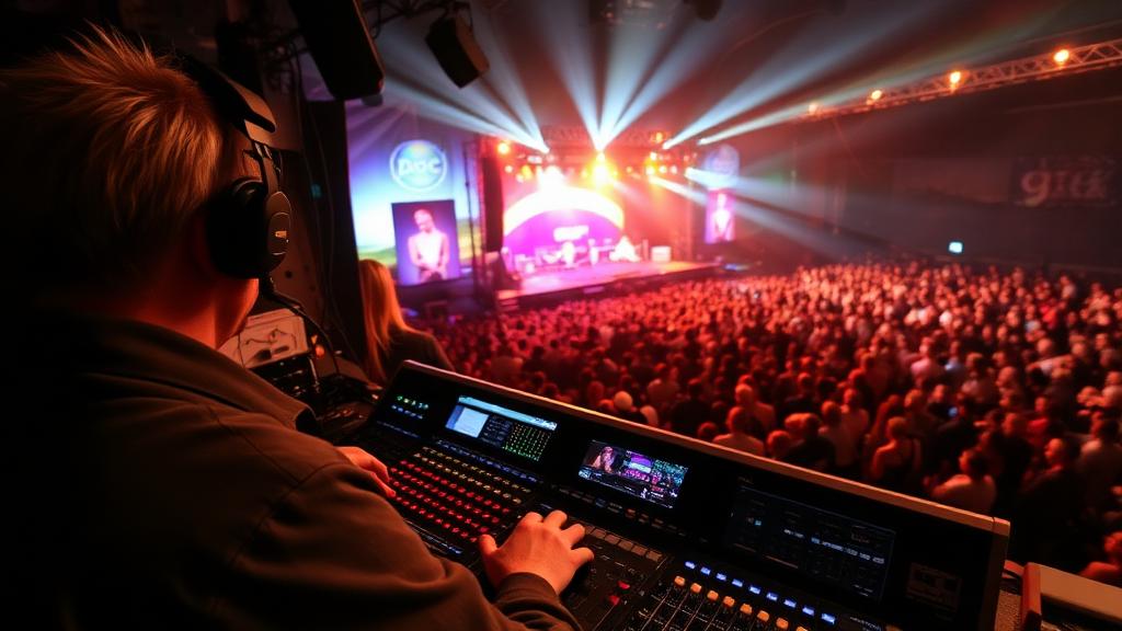 Sound engineer at mixing board during live event production