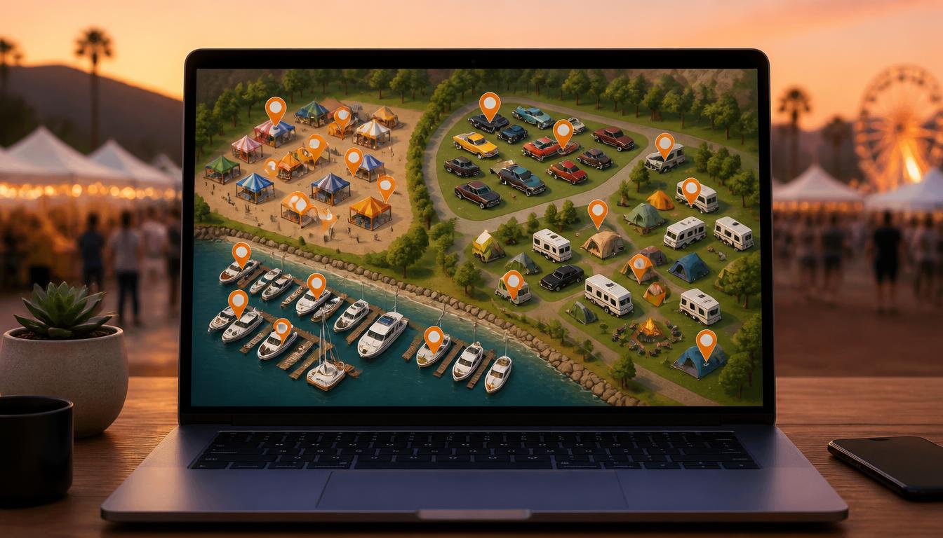 Interactive campground map on a laptop showing RV sites, tent pads, cabins, and boat slips