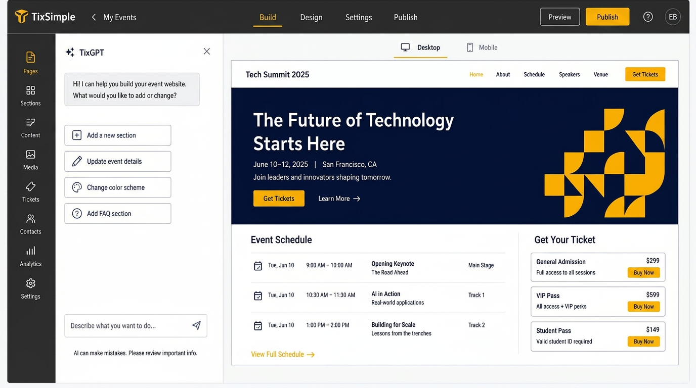 TixSimple website builder with a chat panel and a live desktop preview of an event website
